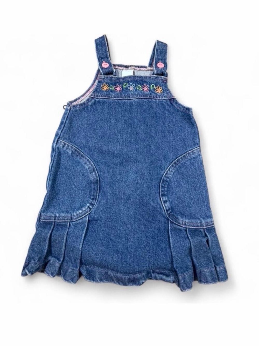Vintage Toddler Denim Jumper Dress 2T Embroidered Flowers Blue Jean Pinafore